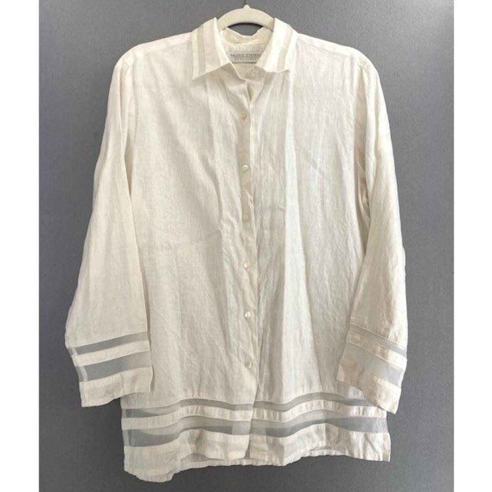 Valerie‎ Stevens Womens M Pure Linen Button Down Blouse White Sheer Stripe Trim